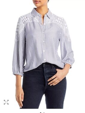 Cupio Blue and White Striped Crochet-Yoke Button-Down  Size Small